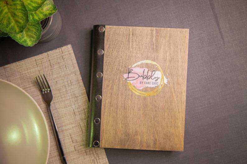 Light Wood Menu Cover with Black Elastic Band - Image 5